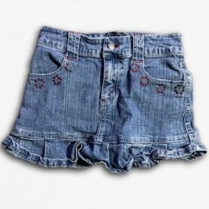 2B Real Girls Denim Ruffle Skort Blue Red‎ Rhinestone Rose Embroidered Size 5/6